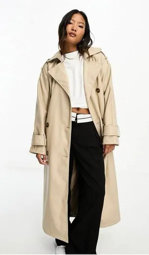 ASOS DESIGN Tan Faux Leather Trench Coat Size 12 Long Preppy Chic Minimalist thumbnail 1