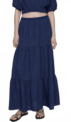 Mango Long Cotton Flared Skirt Night Blue NWT Large thumbnail 1