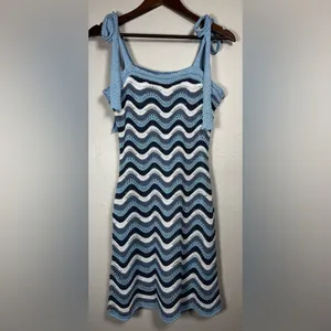 FCT With Love *FLAWED*‎ Crochet Blue and White Wave Mini Dress Size Large thumbnail 2