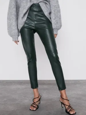 Zara Pants Size Large‎ Black Faux Leather High Rise Split Hem Trouser Mob Wife thumbnail 1