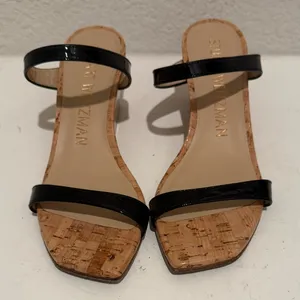 Stuart Weitzman Aleena Wedge Slide Sandal Size 6 Black Patent Cork Wedges thumbnail 2