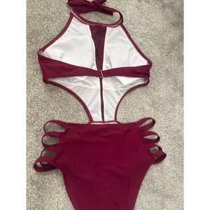 Tempt Me Women's One-Piece Sexy Mesh Neck Halter Monokini Swimsuit in Maroon, M thumbnail 7