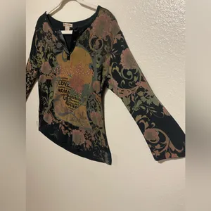Susan Lawrence Earthy Embellished Dahlia Top | Studded Boho Floral Shirt | L thumbnail 3
