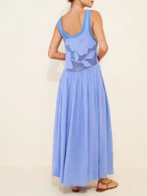 Free People Pearl Floral Maxi Dress Periwinkle Blue Cotton Crochet Knit Sz Small thumbnail 4
