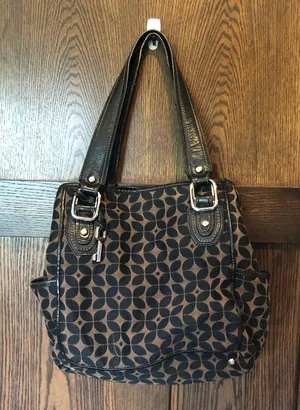 Fossil Brown Canvas Logo Leather Shoulder Strap Bag Purse With Key Fob Charm thumbnail 1