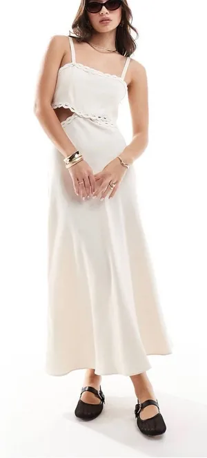 Mango Cutout Maxi Dress Women 2 Cream Scalloped Embroidered Trim Minimalist Boho thumbnail 1