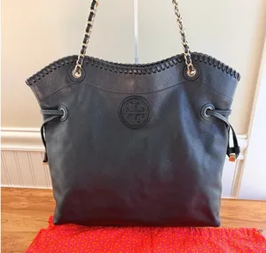 Tory Burch Marion Slouchy Whipstitch Tote Black Pebbled Leather Large thumbnail 1