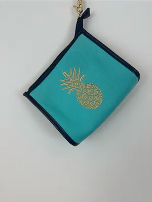 Spartina 449 Embroidered Turquoise Clutch Wristlet Gold Pineapple Zipper Top thumbnail 2