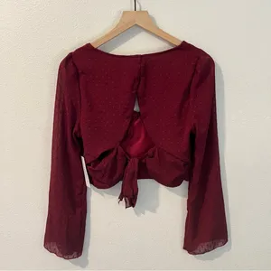 Kirious LA Burgundy Swiss Dot Chiffon Bell Sleeve Tie Back‎ Cutout Crop Top L thumbnail 5