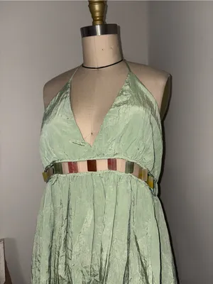 Ibiza by Anne Cole Green V-Neck Halter Maxi Dress w/ Jewel Trim Size Large thumbnail 4