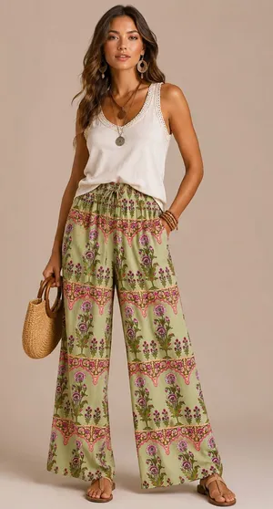 Boho Floral Wide Leg Palazzo Pants Size 38 Sage Green Pink Print Elastic Waist thumbnail 1