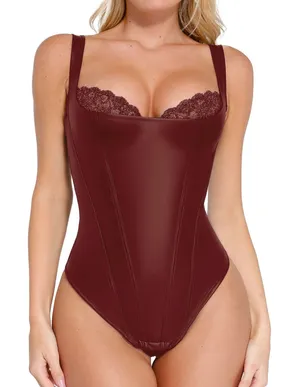 NWT Popilush Faux Leather Corset Bodysuit Deep Red Lace Tummy Control Shaper Med thumbnail 1