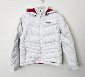 [Spyder] White Winter Puffer Ski Snowboard Jacket Hooded Rainbow Seams Size 4 thumbnail 1