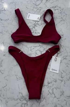 NWT Quince Cherry Red Italian Plunge Bikini Top & Ring High Leg Bottoms Set XS thumbnail 1