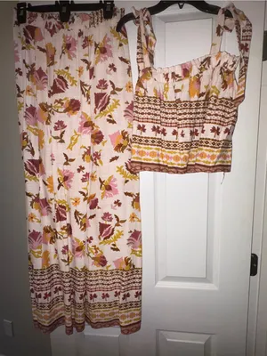 Good Luck Gem Linen Floral Two-Piece Smocked Crop Top & Maxi Pant Set - Pink, Mustard, Brown thumbnail 1