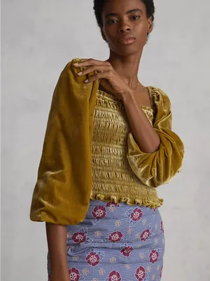 Anthropologie Puff-Sleeved Velvet Blouse in mustard yellow green size medium thumbnail 1