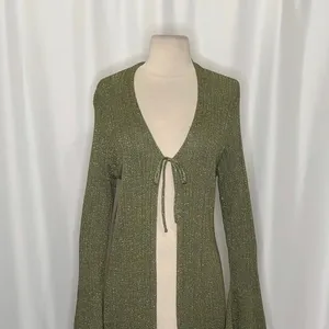 By ANTHROPOLOGIE Long Shine Cardigan Sweater Green Tie Front Knitwear Small thumbnail 3