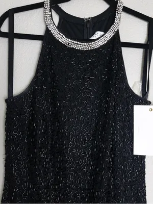 NWT Mac Duggal Beaded Sleeveless High Neck Column Gown 10 Black Maxi Dress 93742 thumbnail 5