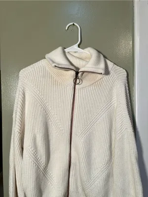 Lilla P Women’s Sz Large Zip Front Sweater in White Cream Gold Circle Zip Cotton thumbnail 3