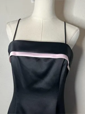 Vintage Black Satin Square Neck Layered Formal Evening Gown Dress 90s Prom thumbnail 3