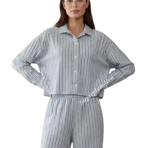 Everlane The Woven PJ Top Cropped Pajama Shirt‎ SMALL Blue Striped Cotton Boxy thumbnail 1