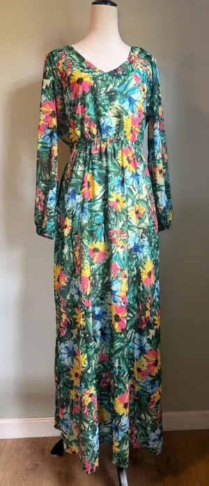 INC boho whimsi resort tropical Floral Maxi Dress Green pink flowy beach party y thumbnail 1