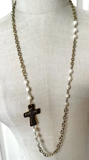 Silver and gold tone fresh water pearl long cross necklace thumbnail 1