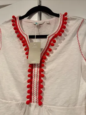 Boden Naomi‎ White Swim Coverup with Red Pom-Pom Trim 6L thumbnail 3