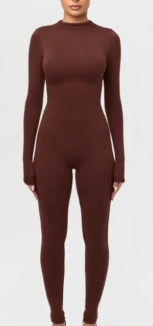 Women’s Fitted Long-Sleeve Jumpsuit - Chocolate Brown thumbnail 1