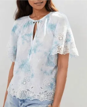 Anthropologie White Blue Tie Dye Floral Embroidered Eyelet Top‎ thumbnail 1