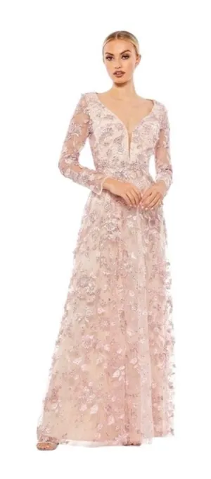 NWT Mac Duggal‎ 70224 Pink Floral Applique Long Sleeve Illusion Gown Size 10 thumbnail 1