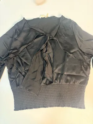 Plus-Size Black Tie-Neck Blouse with Smocked Waist thumbnail 5