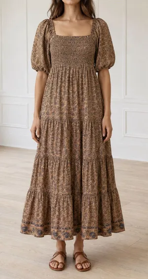 A Loves A Brown Floral Smocked Puff Sleeve Tiered Midi Dress Large Cottagecore thumbnail 1