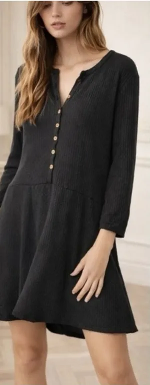 Free People Beach Blossom Black Ribbed Button Front Boho Mini‎ Dress size xs thumbnail 1