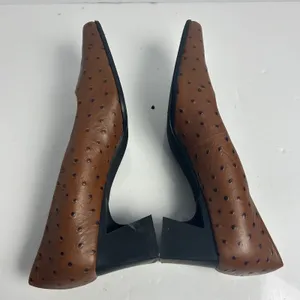 Naturalizer Brown Ostrich Embossed Leather Square Toe Block Heel Pumps 9M FLAW thumbnail 3