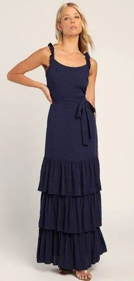 LULU’S Romantic Dreams Navy Blue Ruffled Tiered Swiss Dot Maxi Dress thumbnail 1
