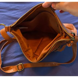Cognac Brown Faux Leather Crossbody Bag with Whipstitch Detail and Multi Pockets thumbnail 7