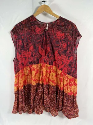 Free People Women Cotton Top Red Gotta Have You Tunic Floral Oversized M thumbnail 4