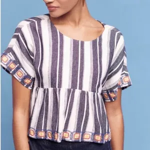 ANTHROPOLOGIE Maeve Vieques Midi Top Linen Embroidered Small thumbnail 1