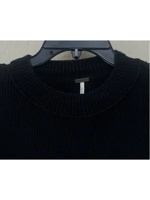 Free People Black Ribbed Oversized Sweater Slouchy Crewneck Boho Chunky Knit thumbnail 2