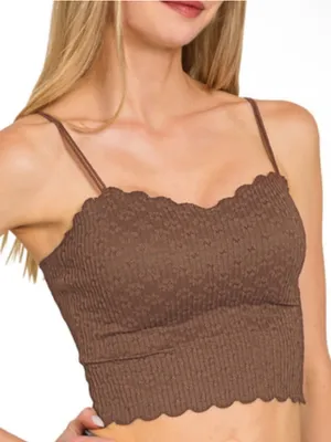 Zenana Scalloped Seamless Lace Padded Bralette Crop Top – Brown thumbnail 1