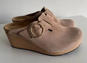 Birkenstock Papillio Fanny Suede Wedge Clogs Warm Sand Size 38 NEW thumbnail 1