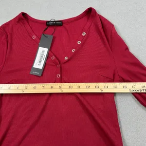 NWT S.DEER Ribbed Top Womens L Red Long Sleeve Henley Top Snap Button V Neck thumbnail 3