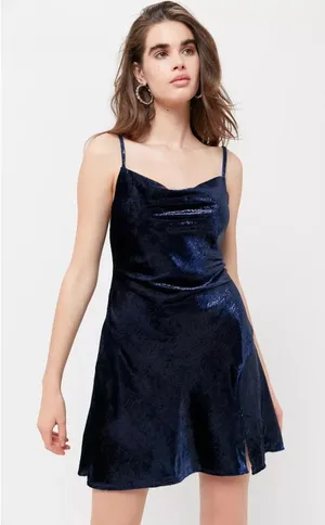 ASTR‎ The Label Women Dancing Queen Dress Large Navy Blue Metallic Velvet Cowl thumbnail 1