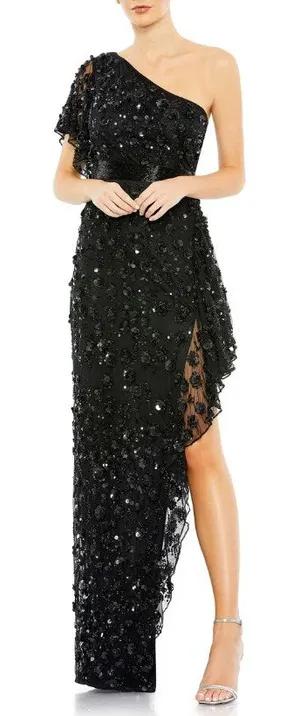 NEW Mac Duggal Sz 4 One Shoulder Flower Sequin Embellished‎ Gown in Black thumbnail 1