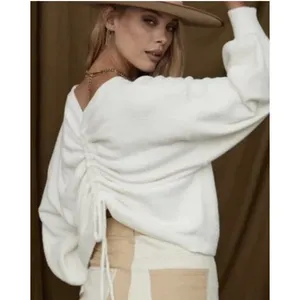 Le lis Tan‎ Cinch Back Balloon Sleeve Knit Pullover Sweater M Quiet Luxury Minimal thumbnail 3