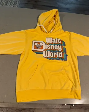 Yellow Walt Disney World Hoodie Pullover‎ Sweatshirt Retro Logo Graphic Size S thumbnail 1
