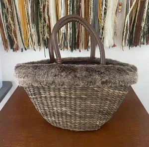 Bath & Body Works Brown Woven Tote with Faux-Fur Trim thumbnail 1