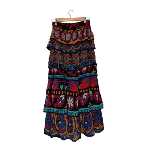 Farm Rio Tiered Maxi Skirt Womens XS Multicolor Good Pom Pom Trim Tropical thumbnail 6