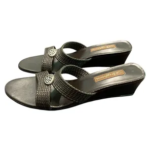 Brighton Denise Leather Wedge Sandal 10M Brown Black Woven Slides Resort Classic thumbnail 2